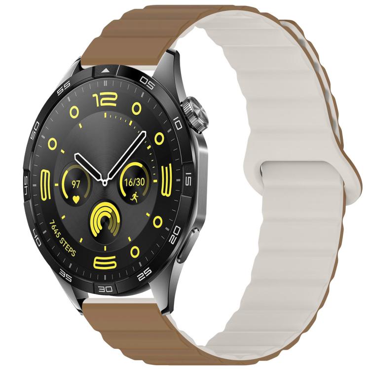 Two-tone glossy silicone watch band in brown and light gray, shown on a smartwatch.