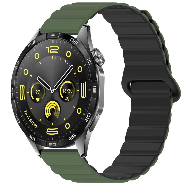 Silicone watch band in army green and black with a magnetic loop closure, shown on a watch.