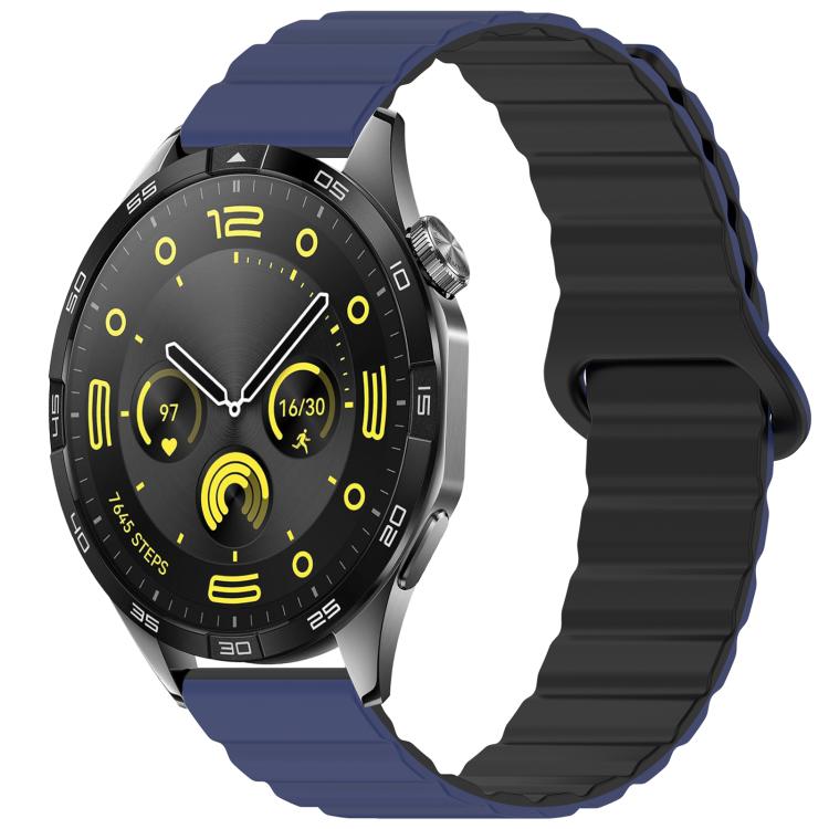 Silicone watch band in navy and black with a magnetic loop closure, shown on a watch.