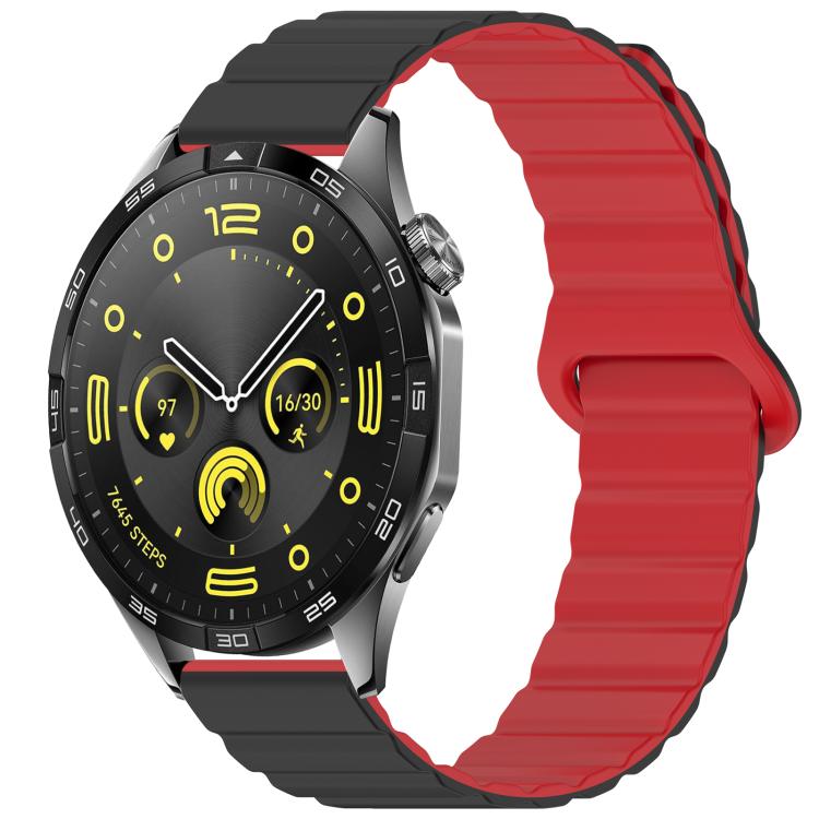 Silicone watch band in black and red with a magnetic loop closure, shown on a watch.