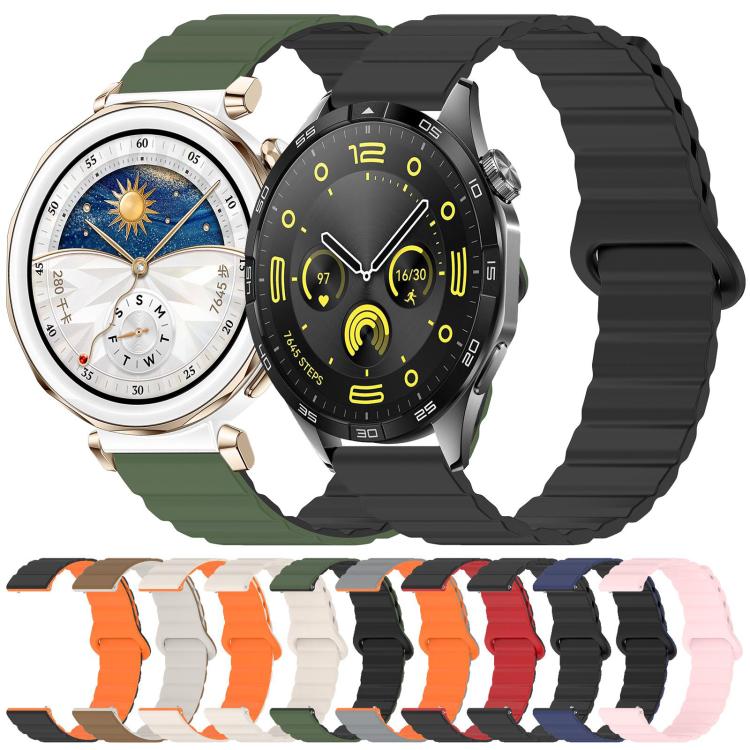 Assorted magnetic silicone watch bands in multiple colors, shown on two watches and arranged below.