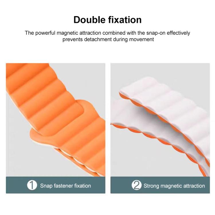 Orange and white watch band showing its snap fastener and magnetic closure