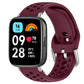 Wine red perforated silicone sport watch band with silver buckle, shown on a smartwatch