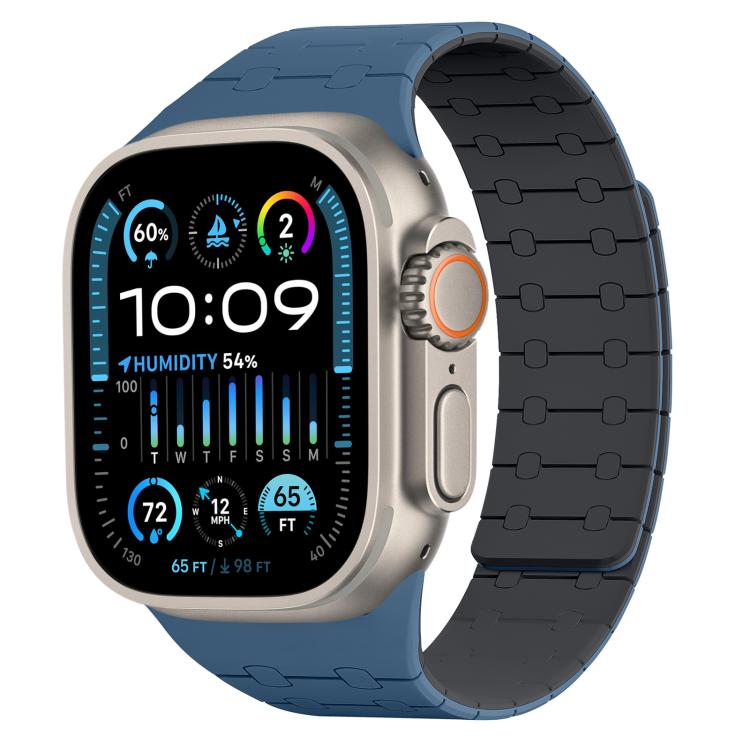 Blue and dark magnetic silicone watch band shown on a smartwatch