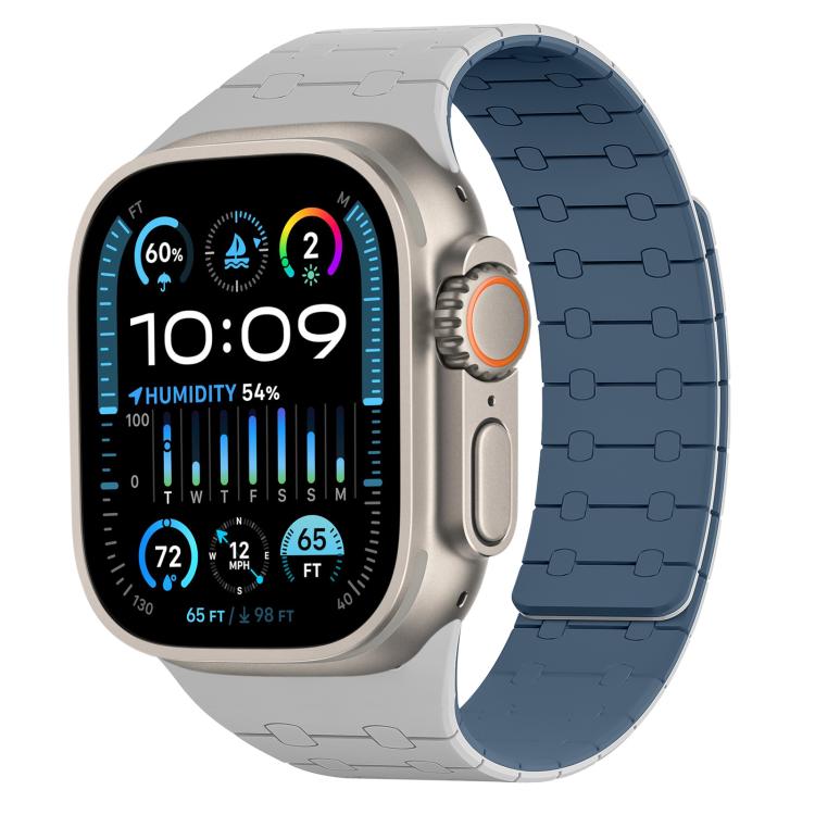 Light gray and blue magnetic silicone watch band shown on a smartwatch