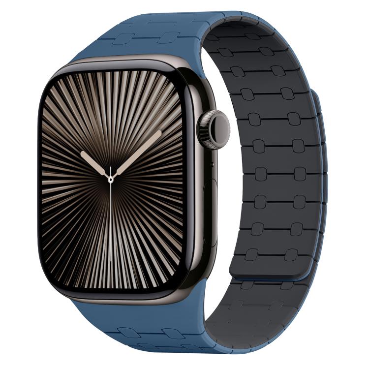 Apple Watch with a blue and dark gray two-tone silicone band