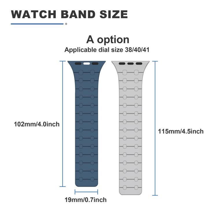 Watch band size guide for 38, 40, and 41 mm watches, with band length measurements