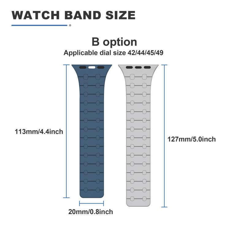 Watch band size guide for 42, 44, 45, and 49 mm watches, with band length measurements