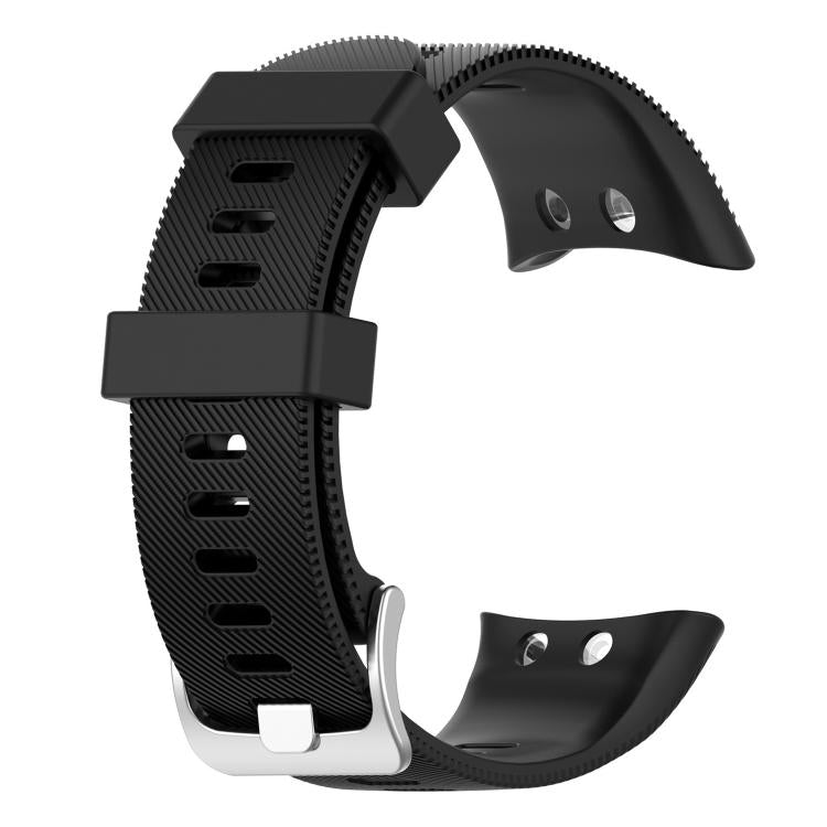 Black textured silicone watch band with adjustment holes and silver-tone buckle.