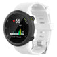 White silicone watch band attached to a round sports watch, shown from the front.