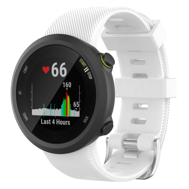 White silicone watch band attached to a round sports watch, shown from the front.