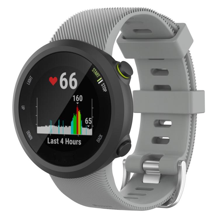 Gray silicone watch band with ribbed texture, shown attached to a round watch.