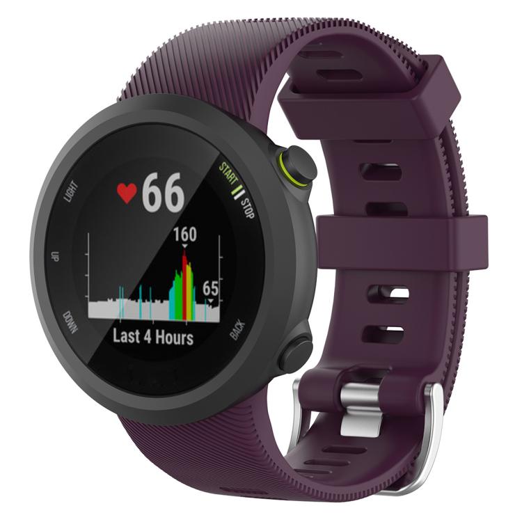 Dark purple silicone watch band with ribbed texture, shown attached to a round watch.