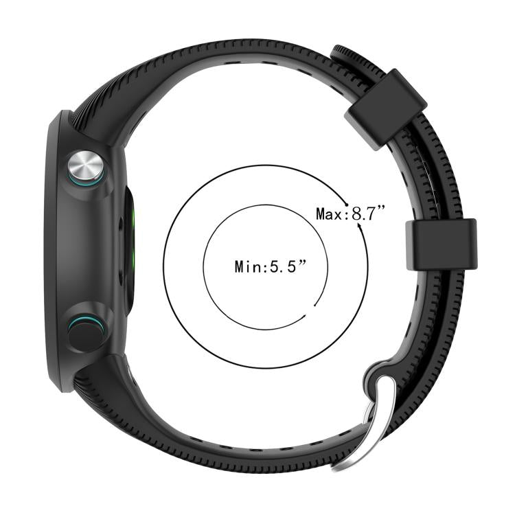 Black silicone watch band shown curved, with size range marked from 5.5 to 8.7 inches.