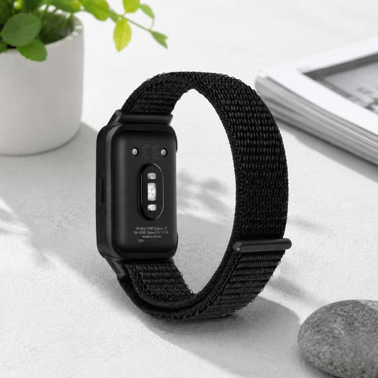 Black nylon Galaxy Fit 3 watch band with integrated frame, shown from the back