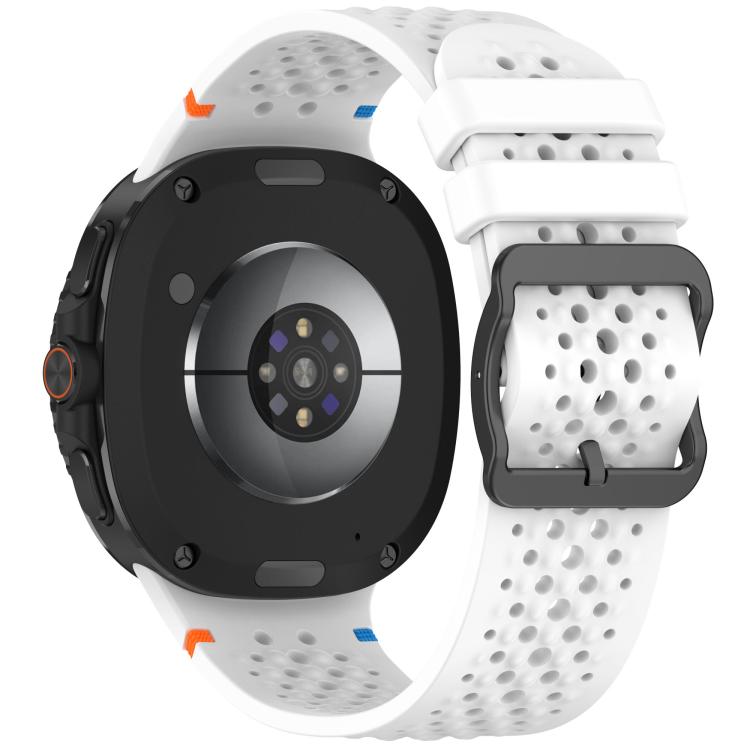 White perforated silicone watch band with black buckle, shown on the back of a smartwatch