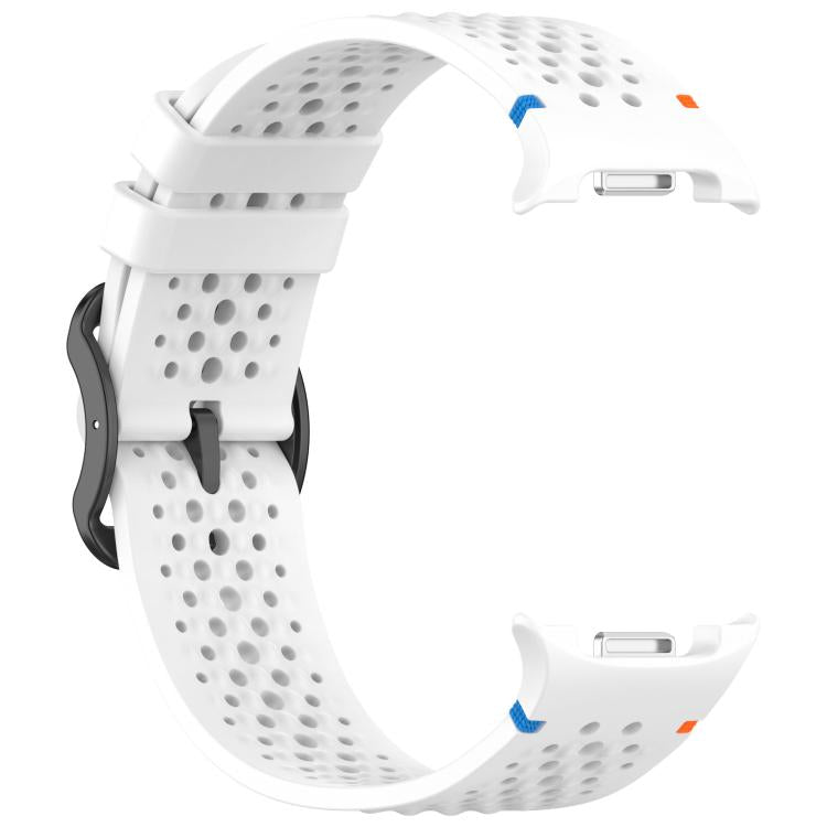 Reverse view of a white perforated silicone watch band with black buckle