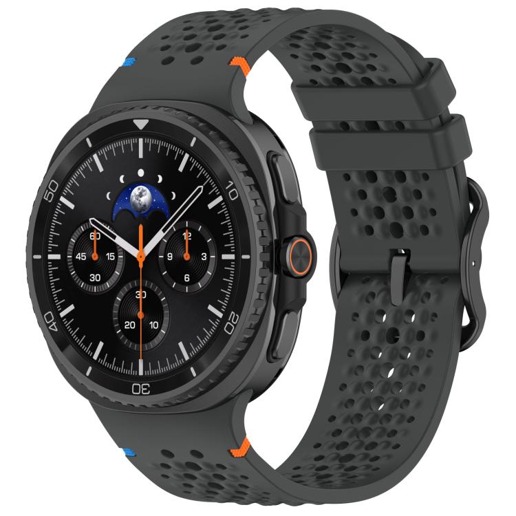 Dark gray perforated silicone watch band with black buckle, fitted to a smartwatch.