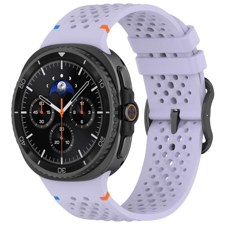 Light purple breathable silicone watch band with black buckle, shown on a smartwatch.