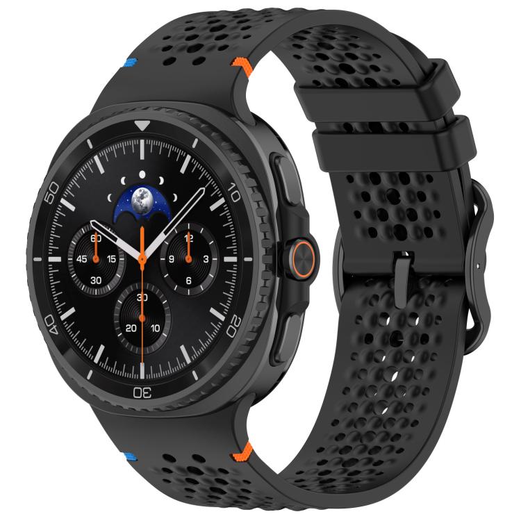 Black perforated silicone watch band with matching buckle, fitted to a smartwatch.