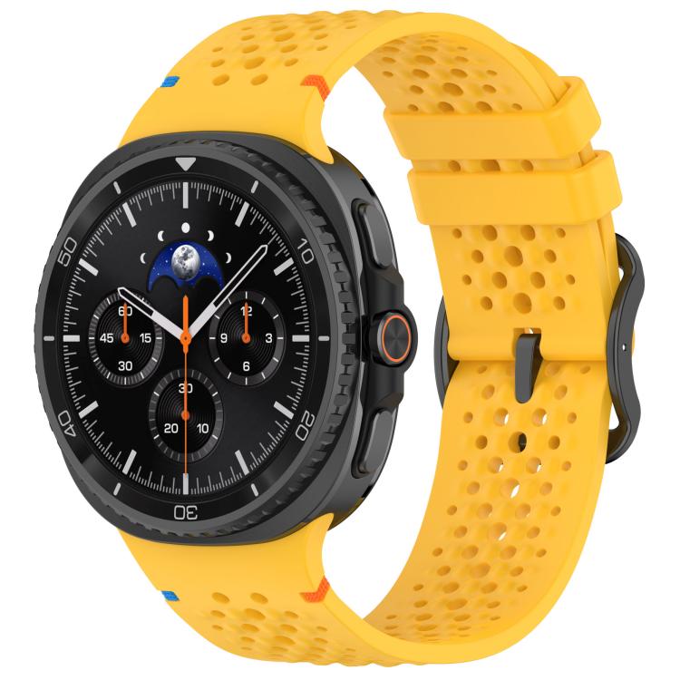 Yellow breathable silicone watch band with black buckle, shown on a smartwatch.