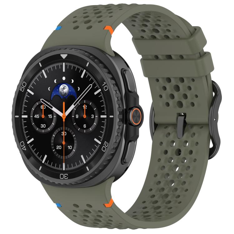 Olive green perforated silicone watch band with black buckle, fitted to a smartwatch.