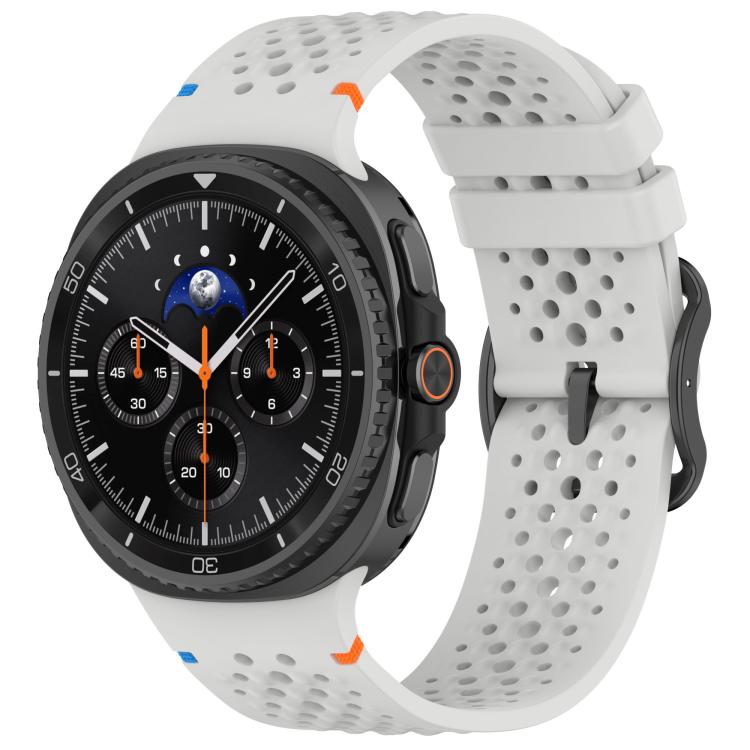 White breathable silicone watch band with black buckle, shown on a smartwatch.