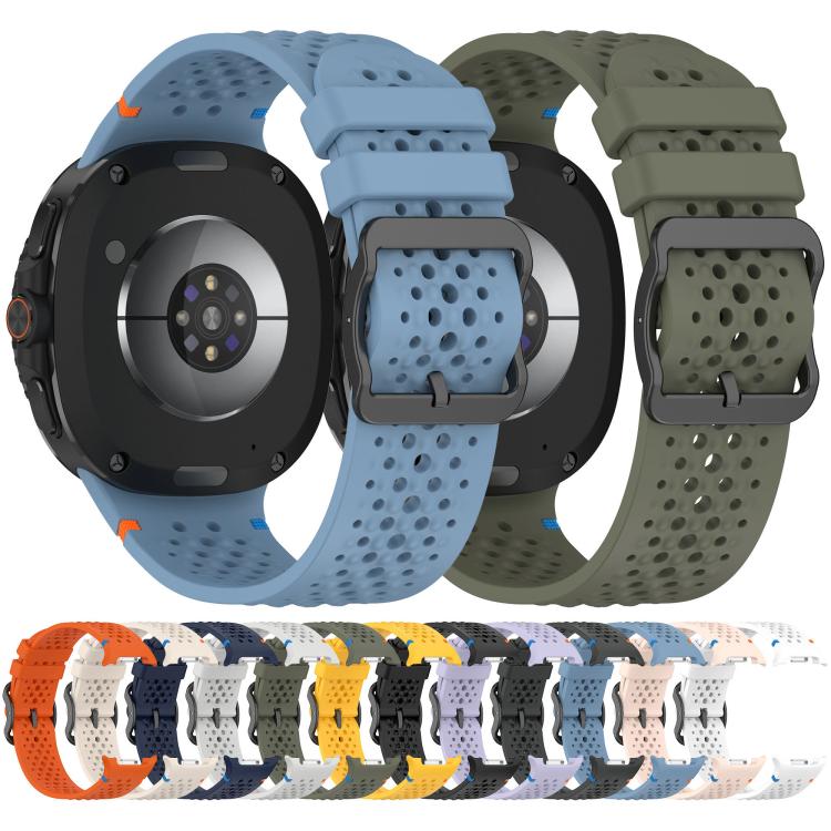 Perforated silicone watch bands in blue, olive, and assorted colors with black buckles