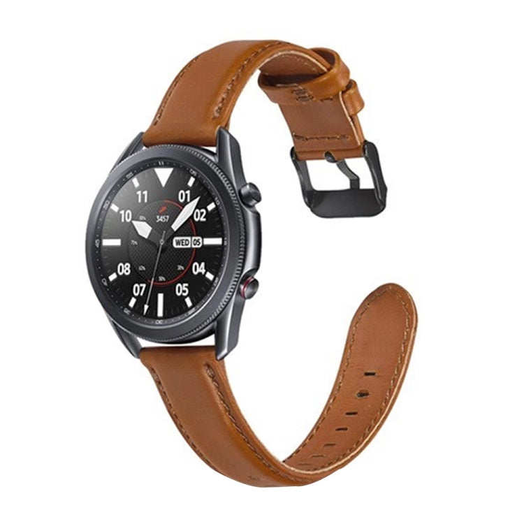 Light brown leather watch strap with buckle, stitched holes for Galaxy Watch