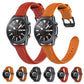 Assorted leather replacement watch straps in orange, red, and dark tones with metal buckles
