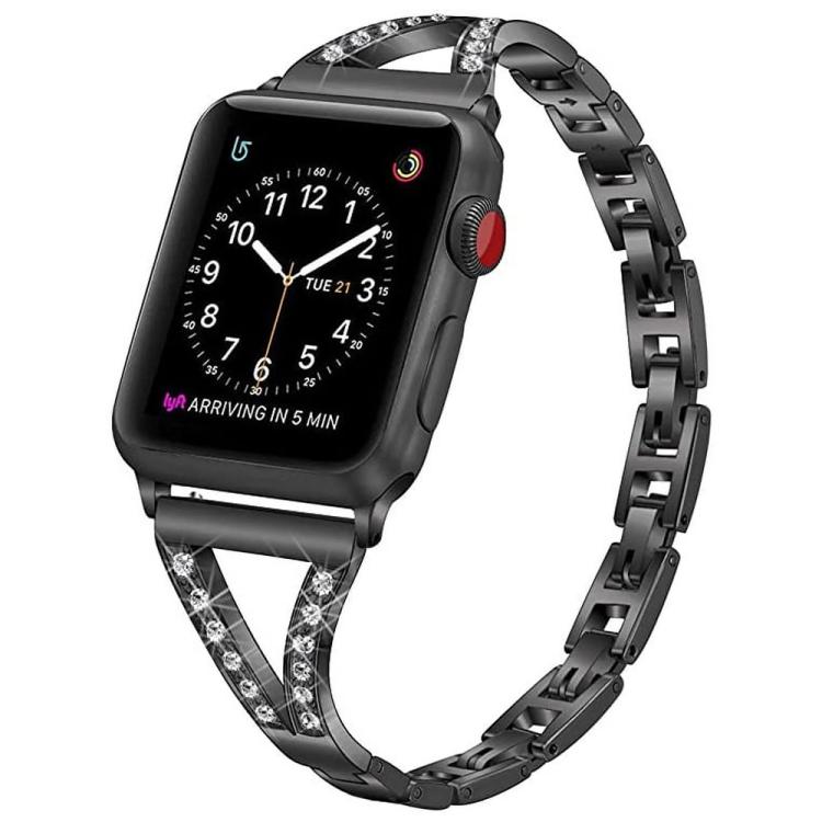 Black stainless steel watch band with crystal accents and linked metal bracelet