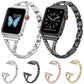 Stainless steel watch bands in silver and black, with crystal-set connectors; gold and rose gold options.