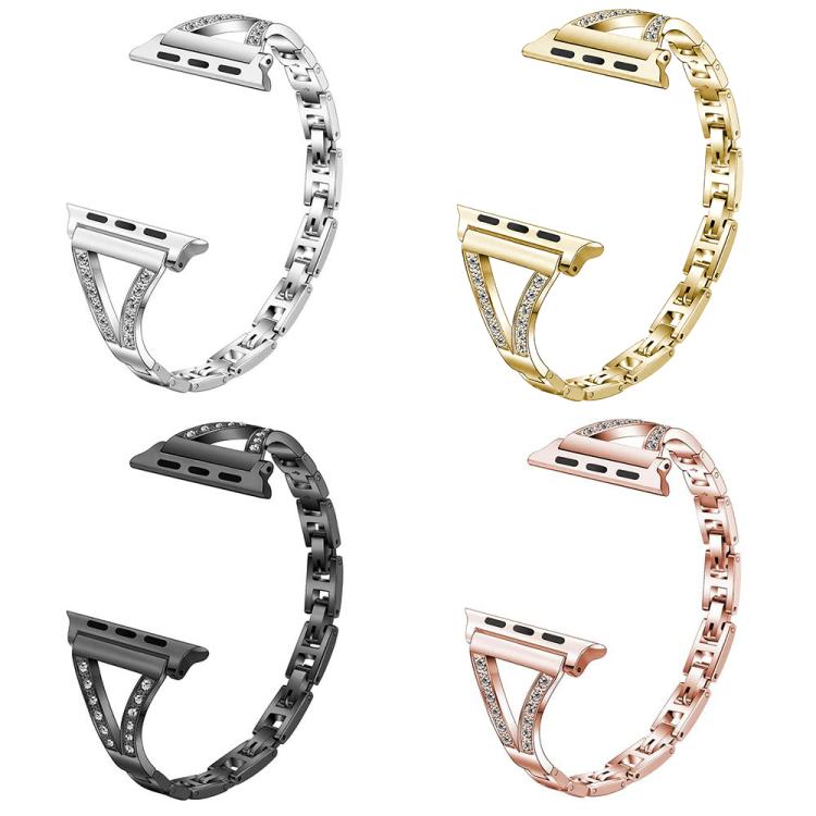 Watch bands in silver, gold, black, and rose gold, with crystal-set herringbone connectors.
