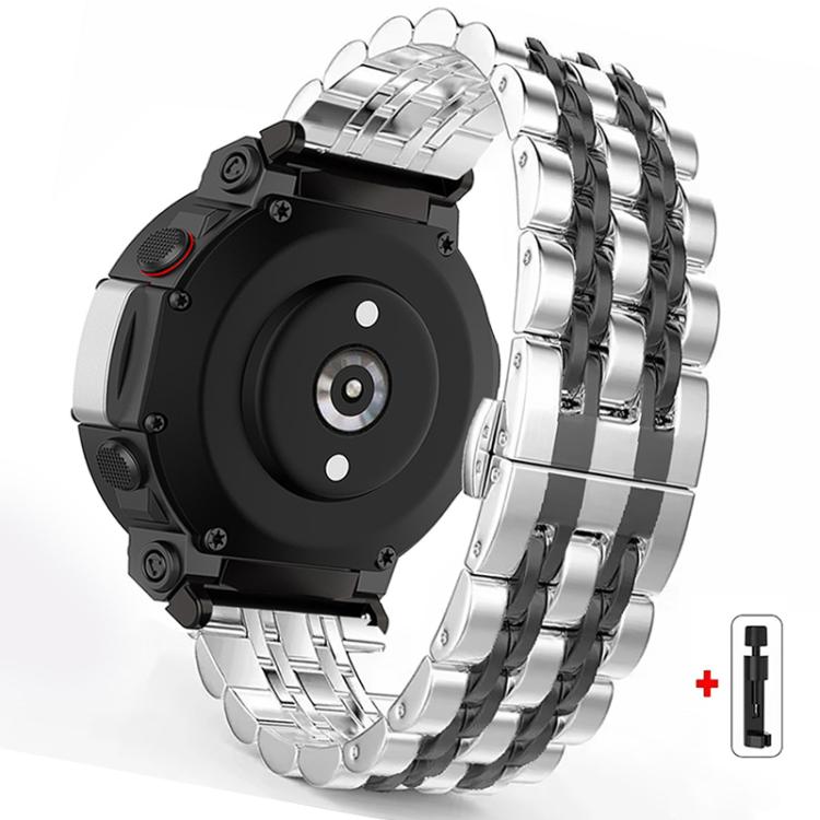 Silver and black stainless steel watch band with multi-row links, shown on a watch from the back