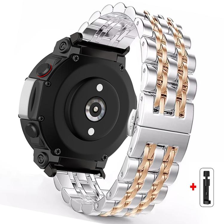 Silver and rose gold stainless steel watch band with seven-bead links