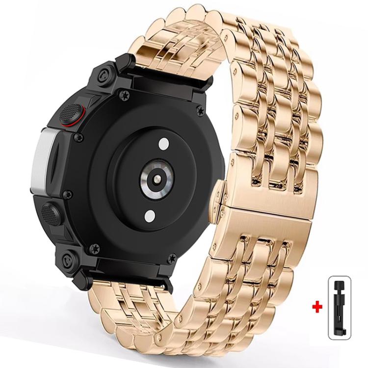 Rose gold stainless steel watch band with seven-bead links and butterfly clasp