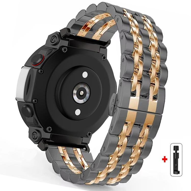 Black and rose gold stainless steel seven-bead watch band with butterfly clasp
