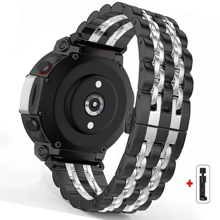 Black and silver stainless steel watch band with butterfly clasp and compatible watch