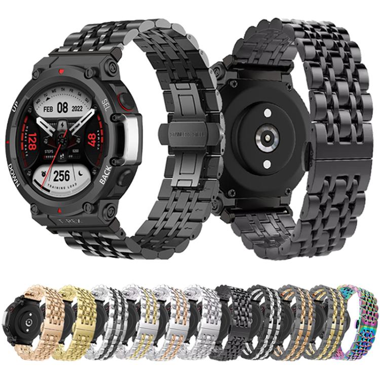 Black stainless steel watch band with linked bracelet, shown on a compatible watch and in color options