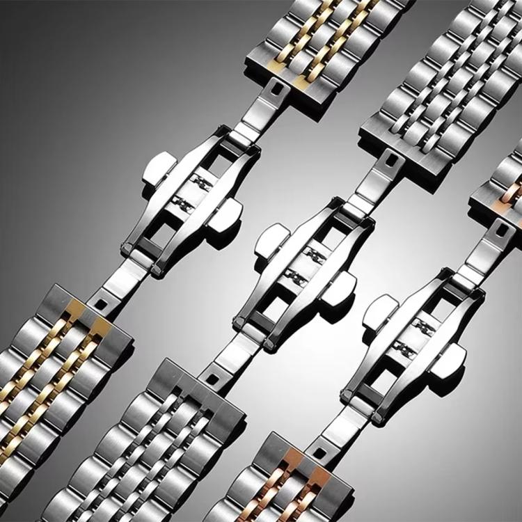 Stainless steel watch bands in silver, gold, and rose gold with open butterfly clasps