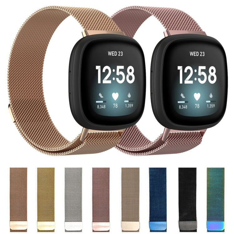 Two Milanese mesh replacement watch straps with magnetic clasps, plus color swatches