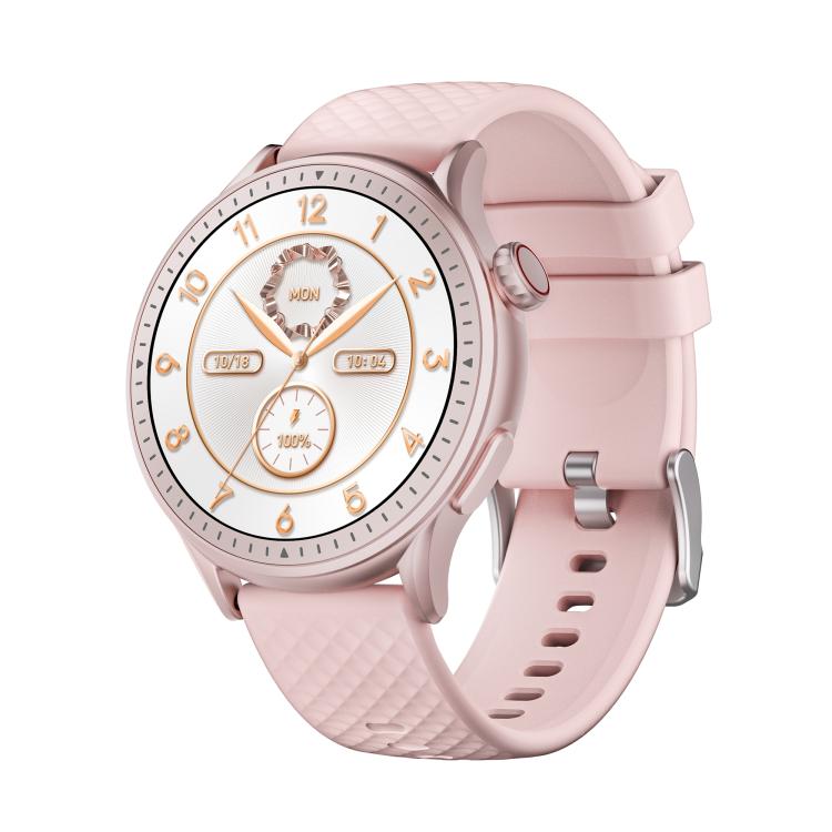 Pink smartwatch with a round display, gold-tone details, and textured silicone band.
