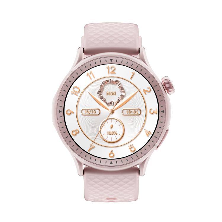 Front view of pink smartwatch with a round white-and-gold watch face.