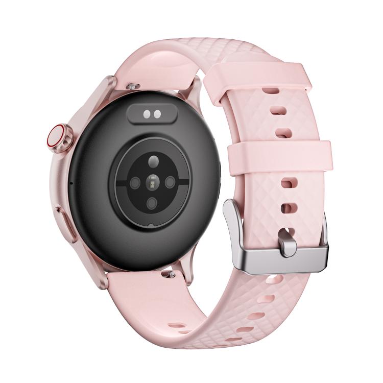 Back of pink smartwatch showing heart rate sensors and an adjustable textured band.