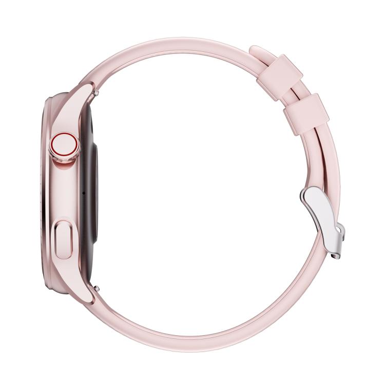 Side view of pink smartwatch showing its crown, button, and slim case.