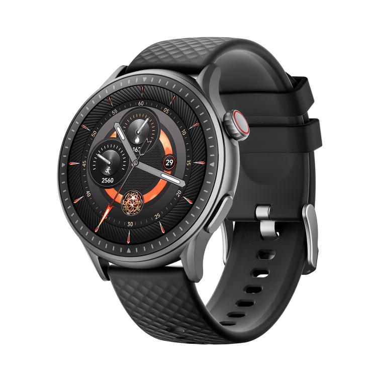 Black smartwatch with a round display, orange accents, and textured silicone band.