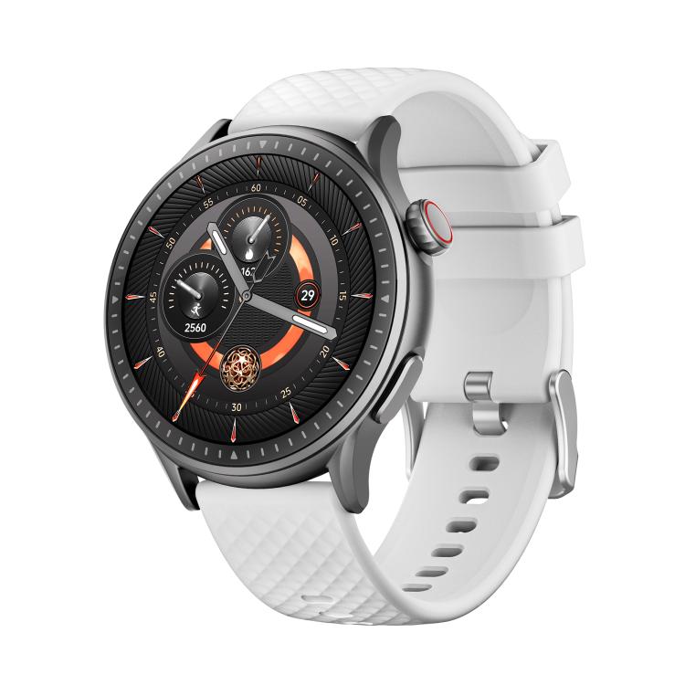 Smartwatch with a dark round face and white textured silicone band.