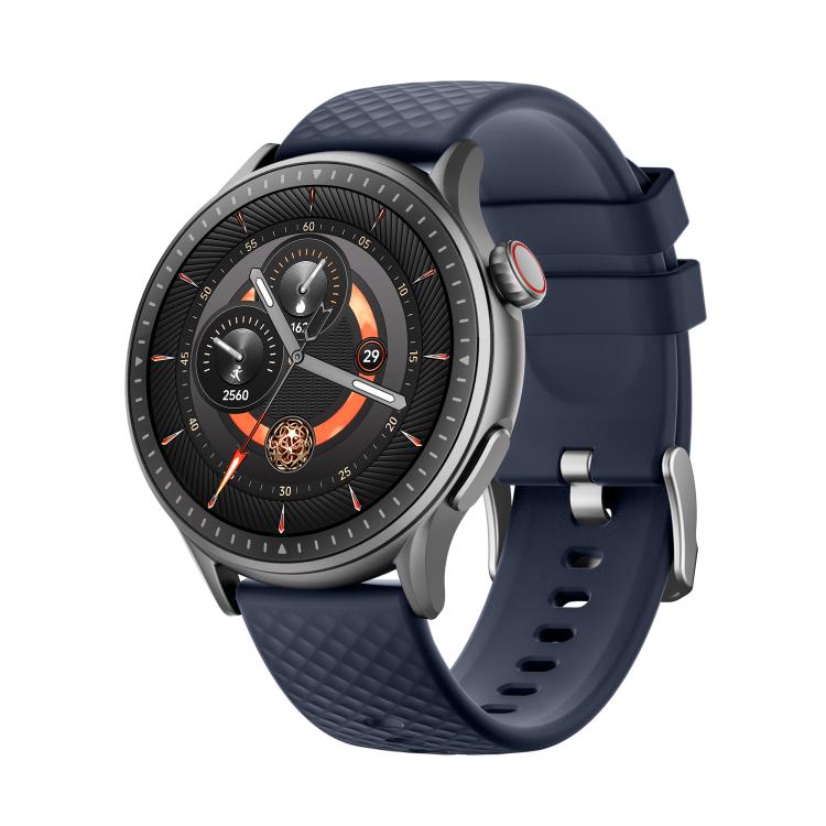 Smartwatch with a dark round face and navy textured silicone band.