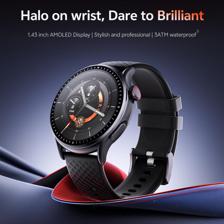 Black GR3 fitness tracker watch with round AMOLED display and textured strap