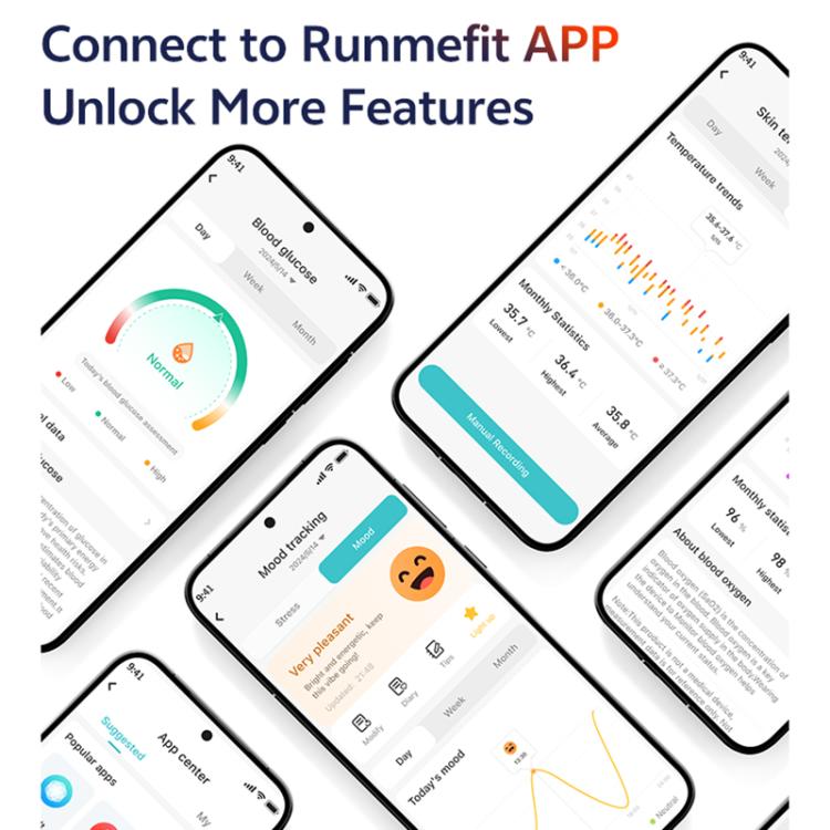 Runmefit app screens displaying health tracking and fitness data